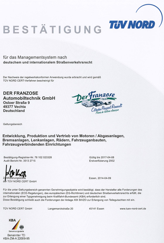 TÜV Zertifikat Der Franzose